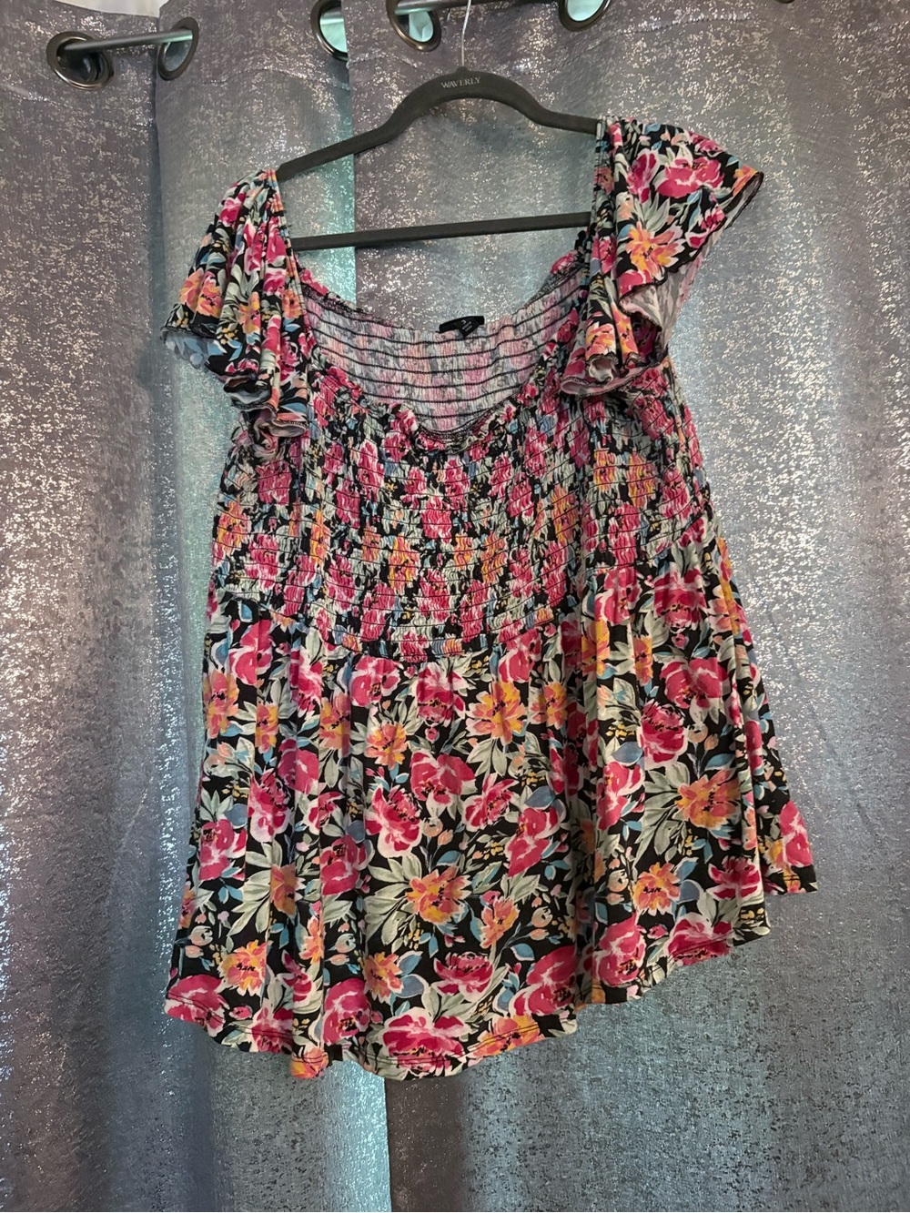 torrid Black Floral Smocked Peasant Top with Pink & Yellow Flowers